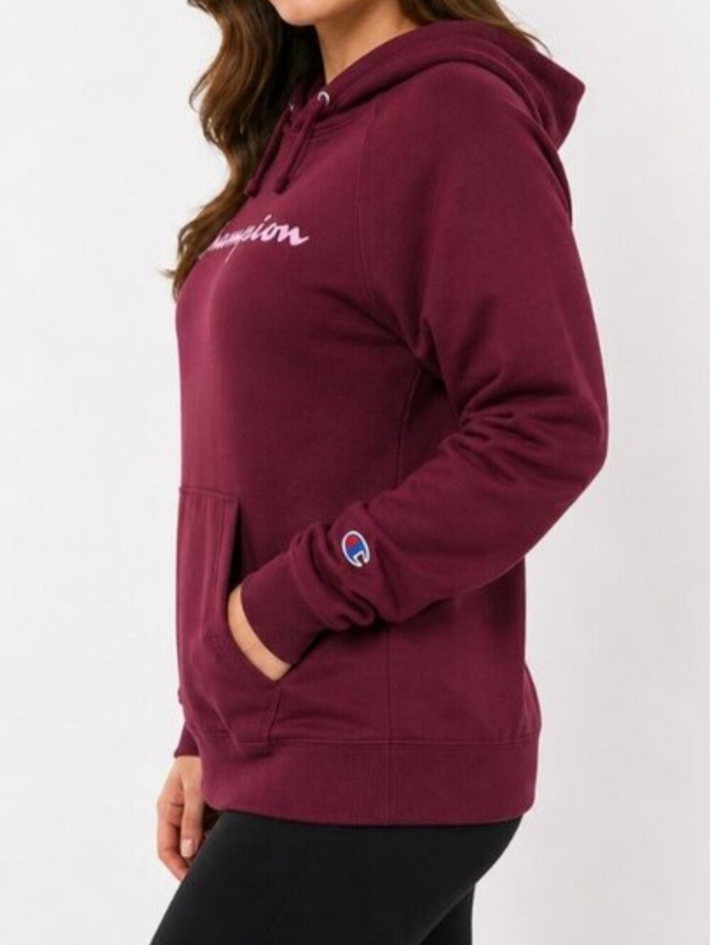 Champion Womens Hoodie Small Burgundy Logo Pullover Sweatshirt Casual